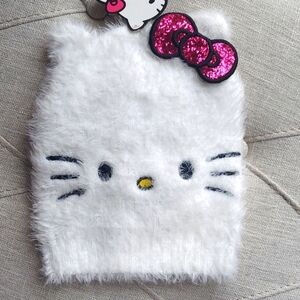Sanrio Hello Kitty Girls White Furry Knit Beanie Hat Metallic Bow - white - 4-14